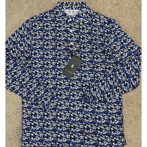IBKUL Mens Small Polo Shirt Long Sleeve Blue Black Chaos Print